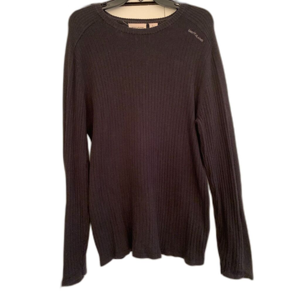 DKNY Men's Ribbed Pullover Sweater Large Charcoal Gray Logo Crew Neck